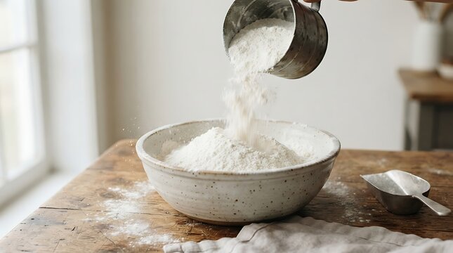 Pouring flame-all purpose flour from a vintage metal measuring cup into a ceramic bowl on a rustic wooden kitchen table during home baking.