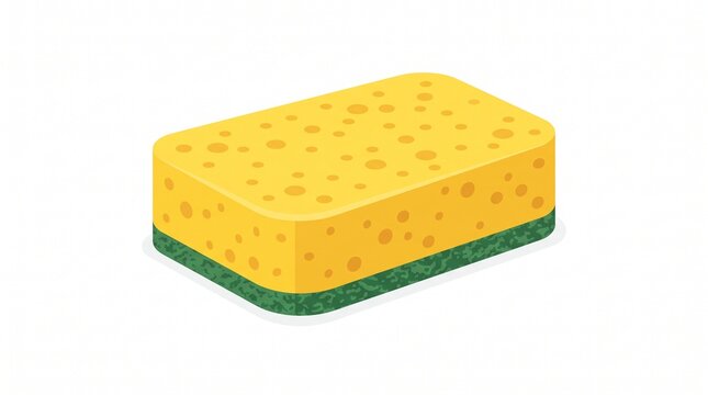 Dishwashing Sponge Flat Illustration &ndash; Bright yellow cleaning sponge with green abrasive layer, isolated on white background for kitchen cleaning and household hygiene designs.