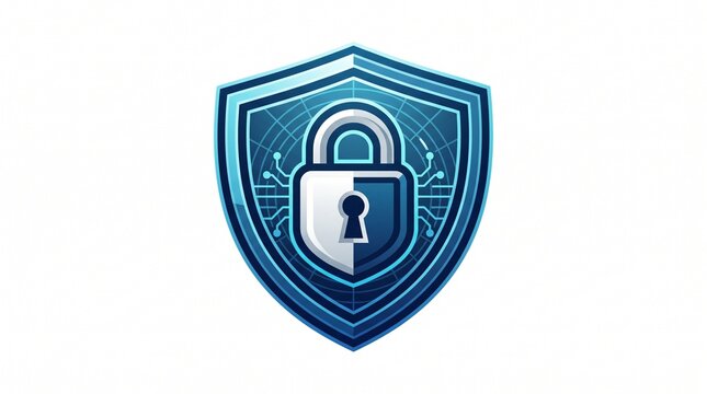 Blue cyber shield logo design with padlock icon, circuit board pattern, digital security, encryption and data protection concept.