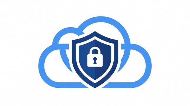 Blue cloud security icon with shield and padlock; cloud computing data protection concept for cyber safety; internet privacy and secure storage symbol for technology