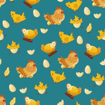 Cute Seamless Pattern with Hens, Chicks and Eggs on Teal Background, Hand Drawn Farmhouse Baby Nursery Fabric Design, Easter Surface Pattern