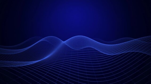 Blue wireframe grid wave flows across a dark background