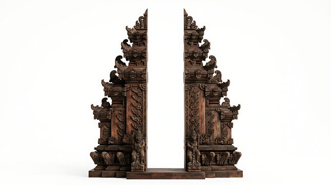 Traditional Balinese Candi Bentar split gateway made of carved wood on white background