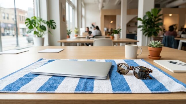 Modern office interior with smart lighting and plants.