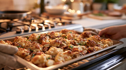 Obraz premium Baked Pizza on Metal Tray Beside Open Oven Door