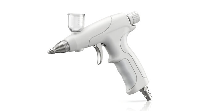 Ergonomic medical aesthetic pneumatic atomiser spray gun airbrush tool with fluid reservoir for precise cosmetic skincare applications isolated on a bright white background.