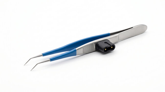  Precision bipolar electrosurgical forceps surgical instrument with blue insulated handles and electrical connector block for coagulation procedures isolated on a white background.
