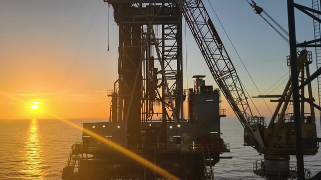 Top Drive System (TDS) in the derrick, offshore Jack-Up Rig Mast Structure during sunset time in the middle of the ocean