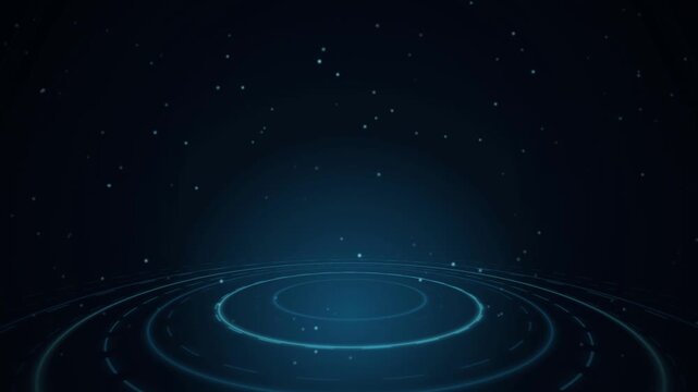 Glowing blue concentric rings form a futuristic circular stage