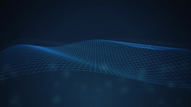 Glowing blue wireframe grid wave moves on a dark background