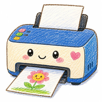 cute kawai printer hand drawn crayon illustration - 1