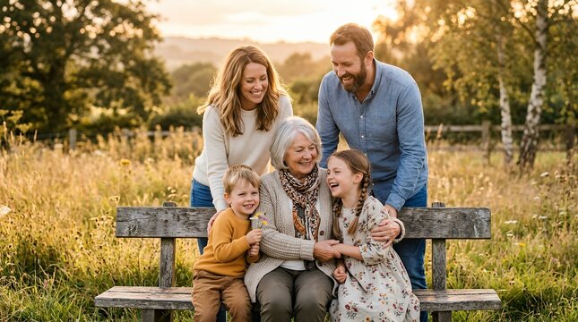 Multi-generational family portrait sitting on a wooden bench in a sunny meadow at sunset.