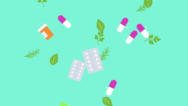 medicine fall in the air with herbs. Herbal medicine and alternative healthcare