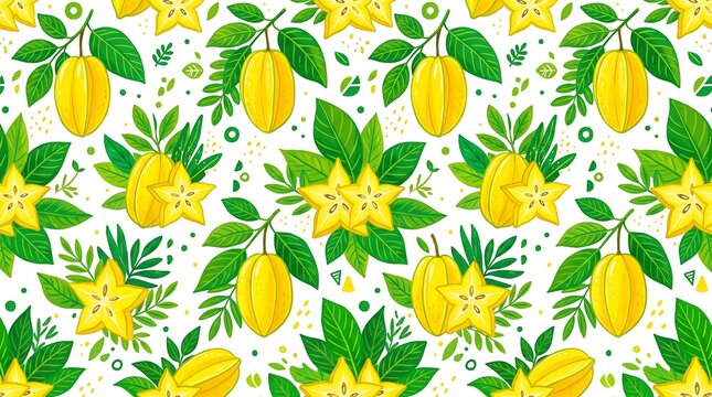 Seamless pattern with starfruit carambola and green leaves on a white background, watercolor art