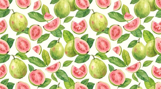 Seamless pattern with ripe pink guava fruits and green leaves, hand drawn watercolor illustration