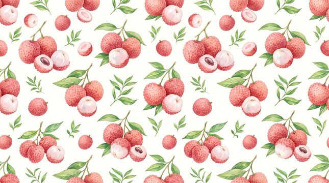Seamless pattern with watercolor lychee fruits and green leaves on a white background design