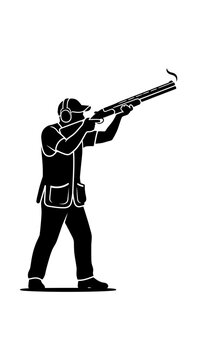 Silhouette of a clay pigeon shooter aiming a shotgun.