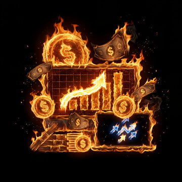 burning financial icons dramatic flaming dollar signs and stock market charts on black background