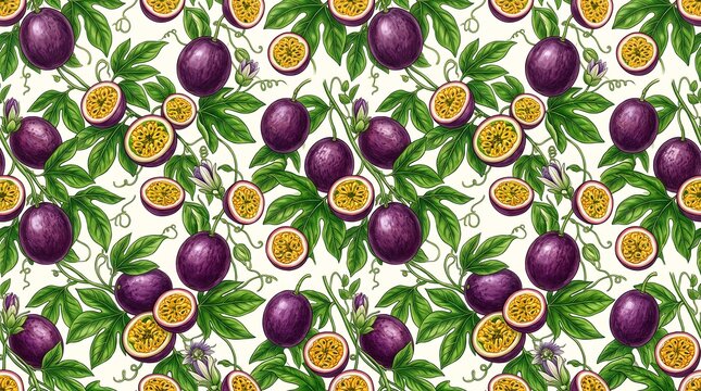 Seamless pattern with watercolor passion fruits and green leaves on a white background design
