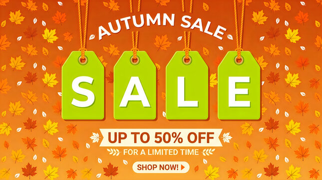 Autumn sale banner with falling leaves and discount offer