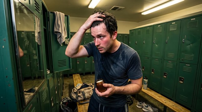 Sweaty caucasian man styling hair in locker room mirror. Male athlete applying hair wax after intense gym workout, for daily grooming.