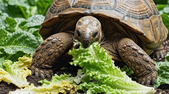 Close up detailed view of a tortoise eating fresh green lettuce leaves in a natural garden setting