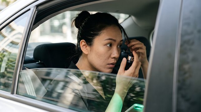 Asian businesswoman applying cosmetic serum in a car back. Female executive fixing makeup reflection during city drive, for urban life.