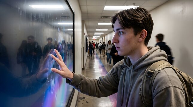Caucasian teen touching interactive digital wall screen. Focused male student exploring modern technology in hallway, for smart study.