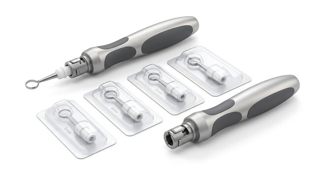 Collection of specialized clinical cryosurgery applicator probes in sterile blister packaging, alongside ergonomic metallic handle tools. Essential equipment for professional dermatology and wart remo