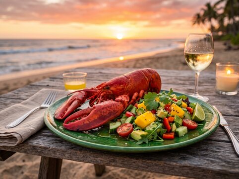 Whole lobster with mango salsa salad on beach at sunset.
