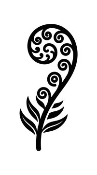 Black and white stylized koru fern frond symbol graphic.