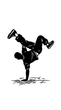 Black and white illustration of a male breakdancer performing a onehanded freeze pose.
