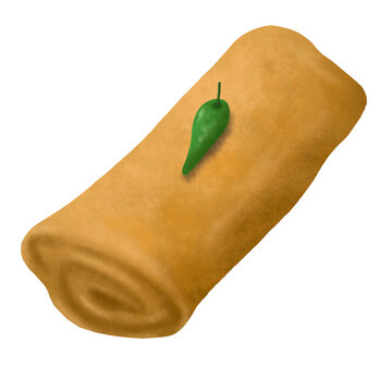 Hand drawn Indonesian fried risoles with green cayenne pepper topping, traditional savory snack vector illustration element isolated background 