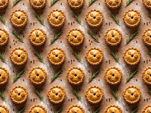 Mini meat pies with rosemary sprigs pattern on rustic wooden table top.