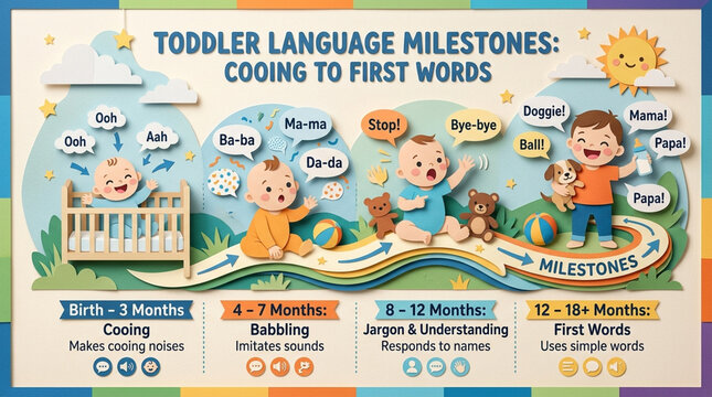 Toddler Language Development Milestones Infographic Chart from Birth to First Words Educational Paper Cut Art Style