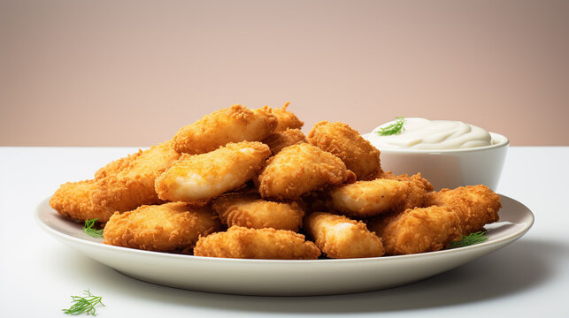 Golden Chicken Nuggets with Creamy Dip: A generous platter overflowing with crispy, golden-brown chicken nuggets, perfectly complemented by a side of creamy dipping sauce, ready to be enjoyed.