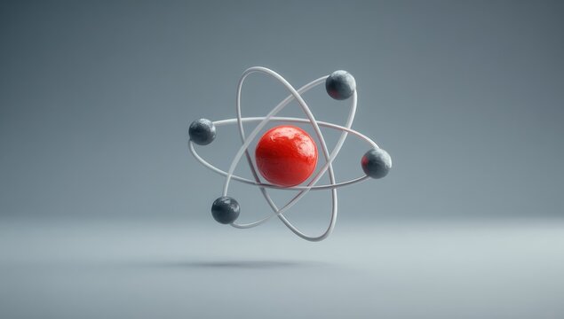 3D model of an atom, featuring a central red nucleus with orbiting grey electrons connected by white lines.  Simple, clean design on a muted grey background