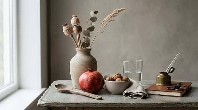 Still life composition with dried flowers, pomegranate, and vintage objects on a table.