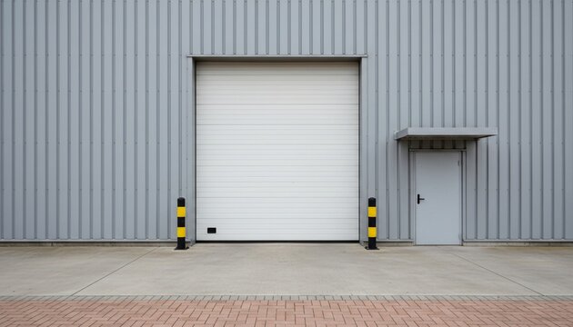 Industrial building with a large roll-up door and a side entrance door.