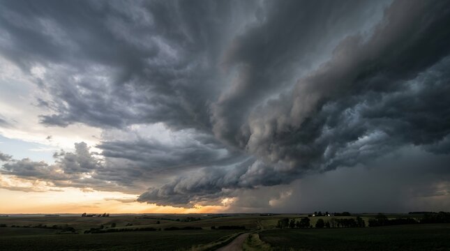 Dramatic storm clouds gathering over a rural landscape at sunset