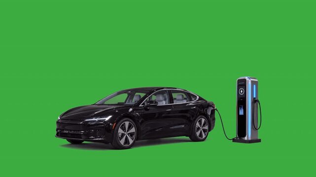 Electric car being charged green screen