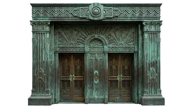 Ornate Art Deco Bronze Entrance Doors with Intricate Geometric Patterns and Patina Finish
