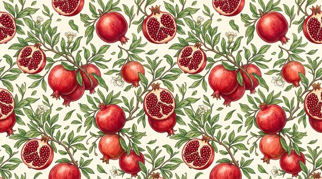 Seamless pattern with hand drawn red pomegranates and green leaves on a light cream background