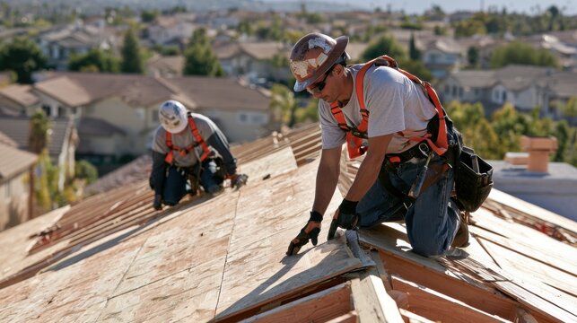 Two roofers installing roof underlayment on sloped residential roof, home repair, construction safety and building maintenance concept