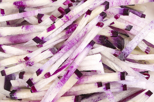 Purple Striped Vegetable Strips - Fresh Daikon Radish or Turnip Julienne Cut for Cooking