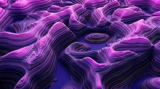 Abstract 3D topographic landscape with layered purple, violet, and blue contours forming smooth wavy ridges and deep valleys. The dimensional folds and soft gradients create a surreal terrain-like str