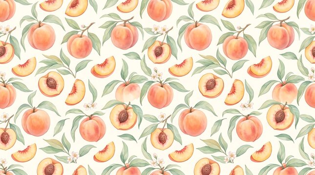 Seamless pattern with hand drawn peaches and green leaves on a light cream background design