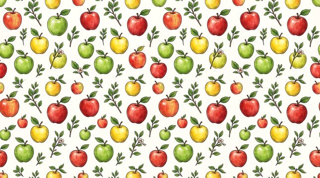 Seamless pattern with hand drawn red, green and yellow apples on a white background design