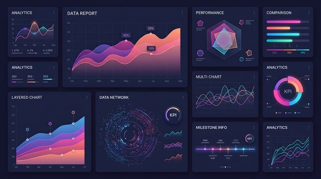 Dark mode digital dashboard with colorful data visualizations