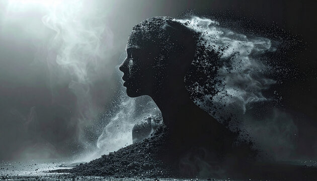 Minimalist profile silhouette of woman face dissolving into flying sand particles and smoke psychology concept